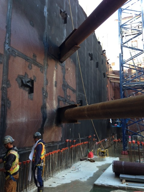 Blindside waterproofing at a construction site.